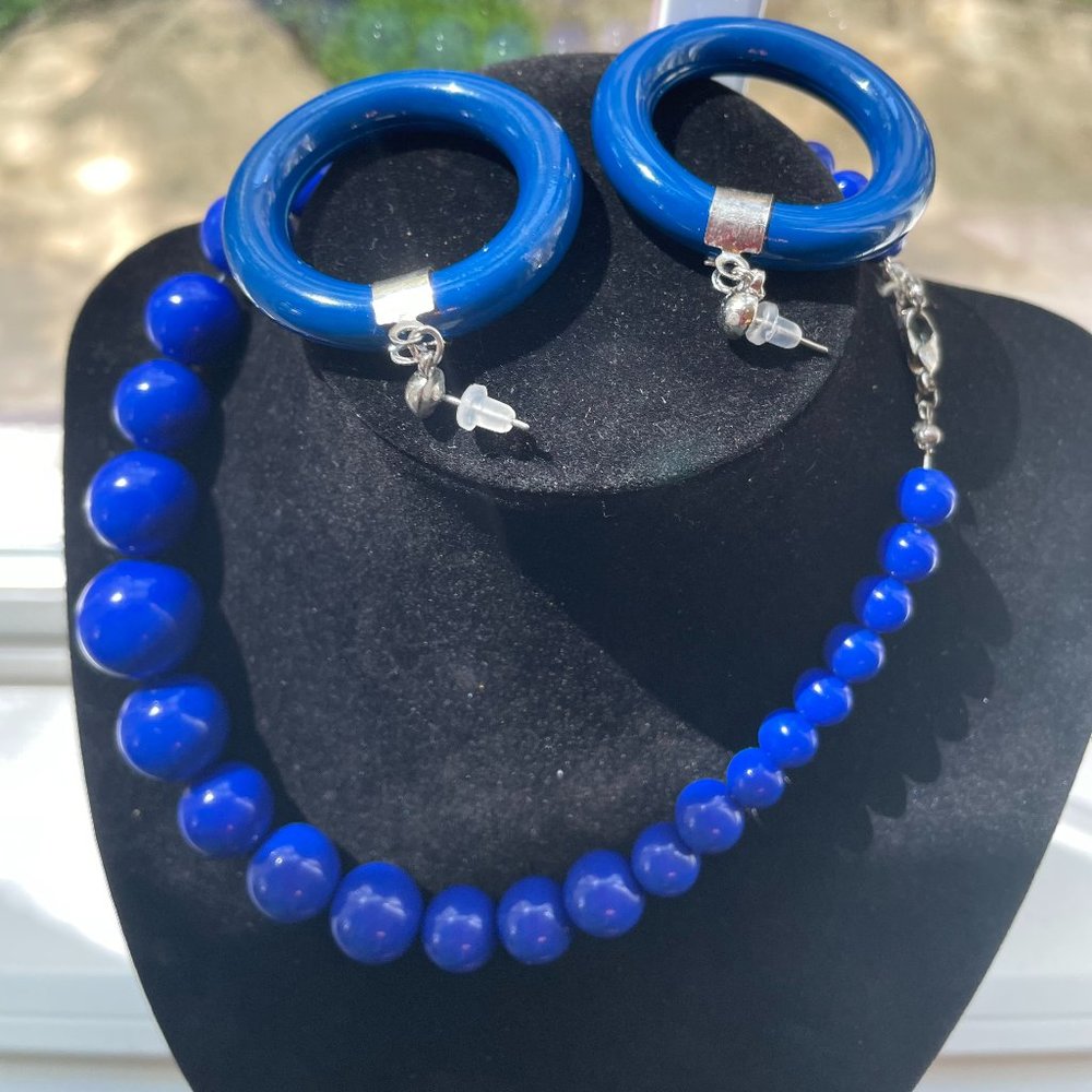 2 ITEM RETRO Cobalt Blue Enamel Solid Metal HOOP Pierced Earrings & Necklace set